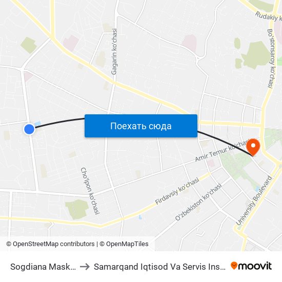 Sogdiana Maskani to Samarqand Iqtisod Va Servis Instituti map