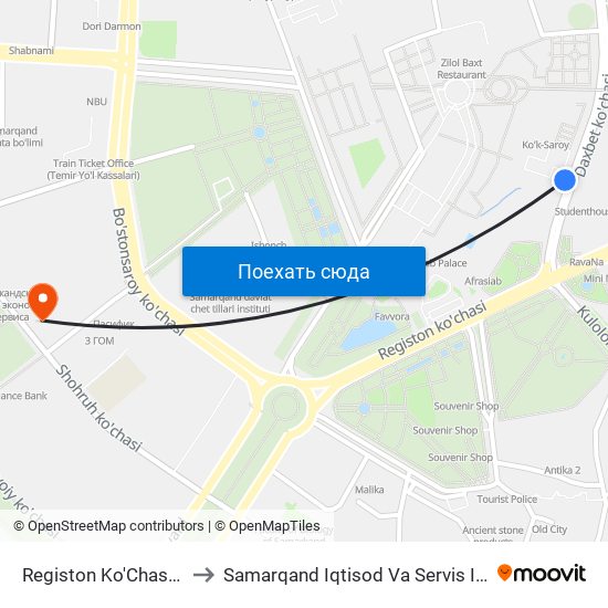 Registon Ko'Chasi, 38a to Samarqand Iqtisod Va Servis Instituti map