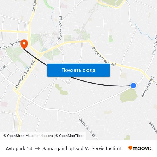 Avtopark 14 to Samarqand Iqtisod Va Servis Instituti map