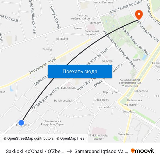 Sakkoki Ko'Chasi / O'Zbekiston Ko'Chasi to Samarqand Iqtisod Va Servis Instituti map