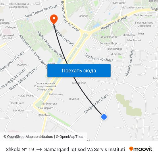 Shkola Nº 19 to Samarqand Iqtisod Va Servis Instituti map