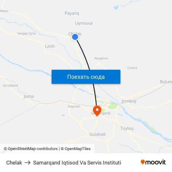 Chelak to Samarqand Iqtisod Va Servis Instituti map