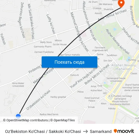 Oz'Bekiston Ko'Chasi / Sakkoki Ko'Chasi to Samarkand map
