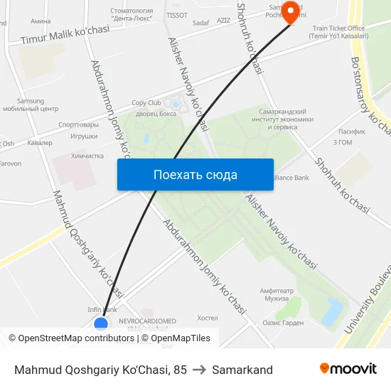 Mahmud Qoshgariy Ko'Chasi, 85 to Samarkand map