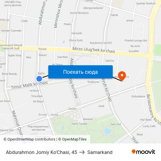 Abdurahmon Jomiy Ko'Chasi, 45 to Samarkand map