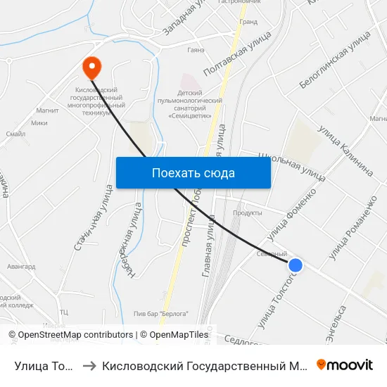 Улица Толстого, 45 to Кисловодский Государственный Многопрофильный Техникум map