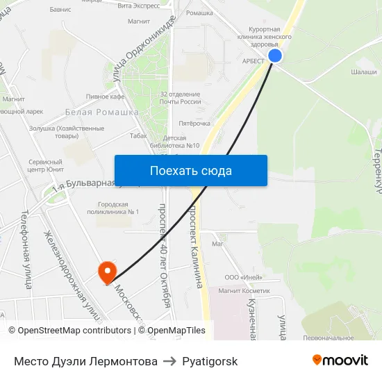 Место Дуэли Лермонтова to Pyatigorsk map