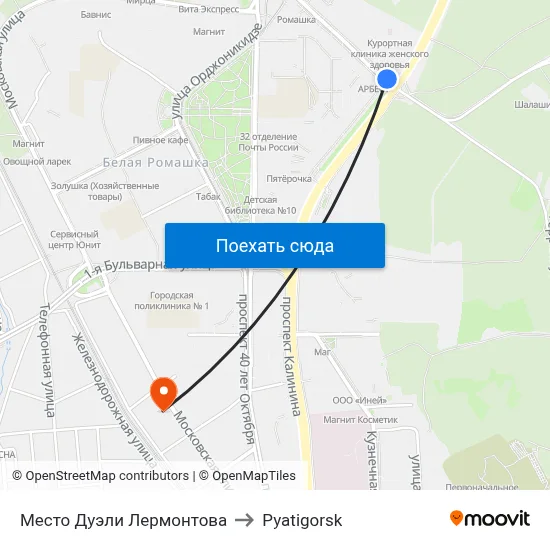 Место Дуэли Лермонтова to Pyatigorsk map