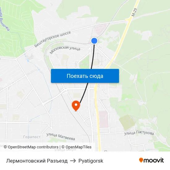 Лермонтовский Разъезд to Pyatigorsk map