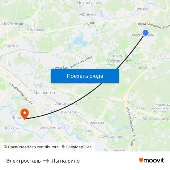 Электросталь to Лыткарино map