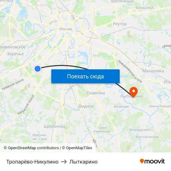 Тропарёво-Никулино to Лыткарино map