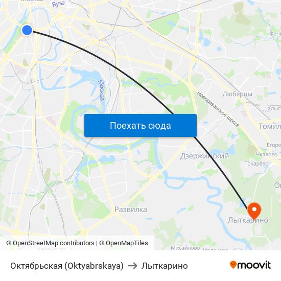 Октябрьская (Oktyabrskaya) to Лыткарино map