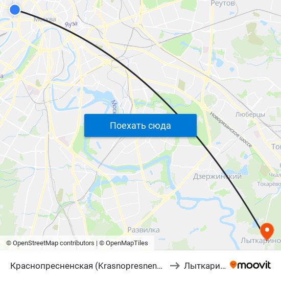 Краснопресненская (Krasnopresnenskaya) to Лыткарино map