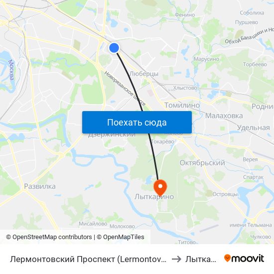 Лермонтовский Проспект (Lermontovsky Prospekt) to Лыткарино map