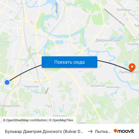 Бульвар Дмитрия Донского (Bulvar Dmitriya Donskogo) to Лыткарино map
