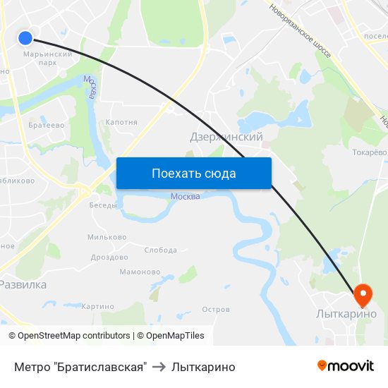 Метро "Братиславская" to Лыткарино map