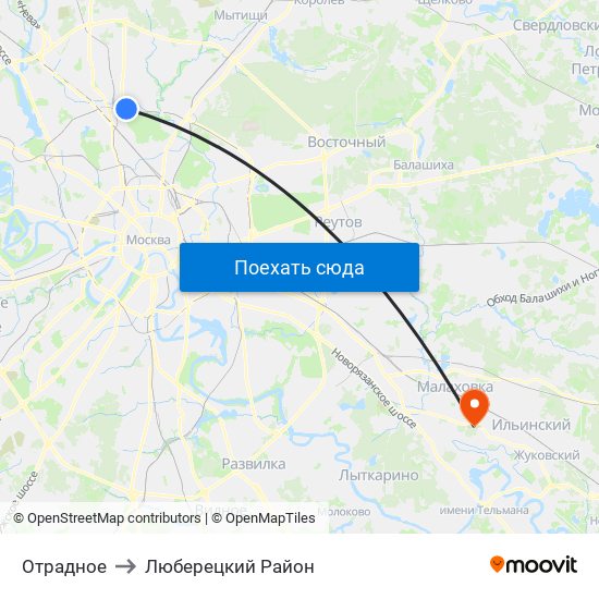 Отрадное to Люберецкий Район map