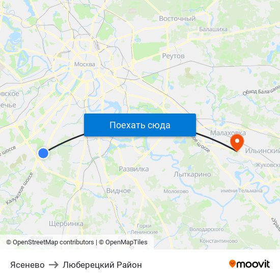 Ясенево to Люберецкий Район map