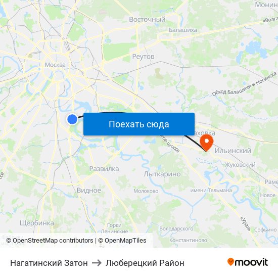 Нагатинский Затон to Люберецкий Район map