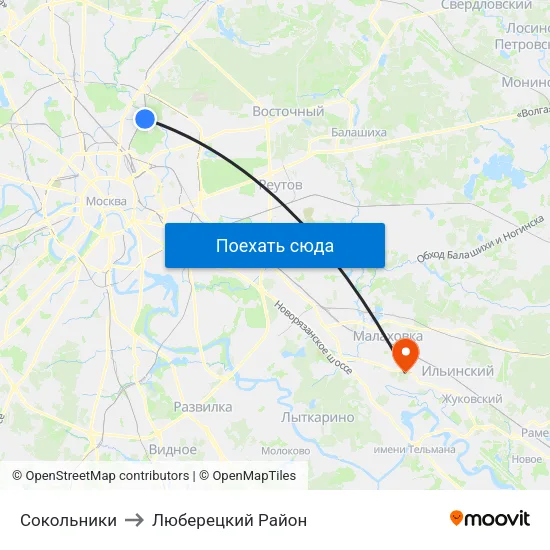Сокольники to Люберецкий Район map
