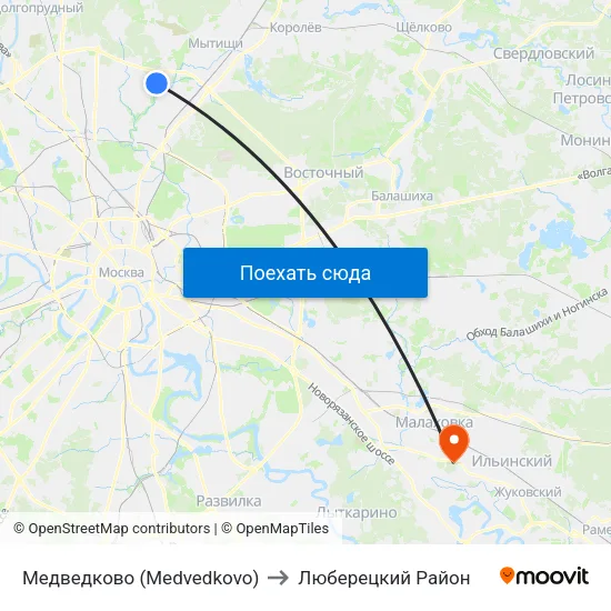 Медведково (Medvedkovo) to Люберецкий Район map