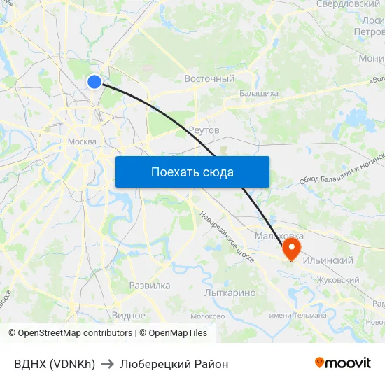 ВДНХ (VDNKh) to Люберецкий Район map