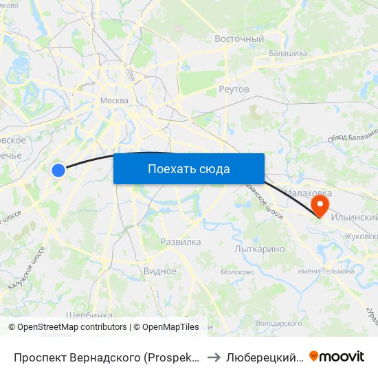 Проспект Вернадского (Prospekt Vernadskogo) to Люберецкий Район map