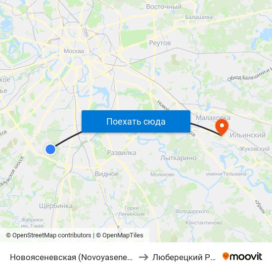 Новоясеневская (Novoyasenevskaya) to Люберецкий Район map