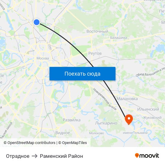 Отрадное to Раменский Район map