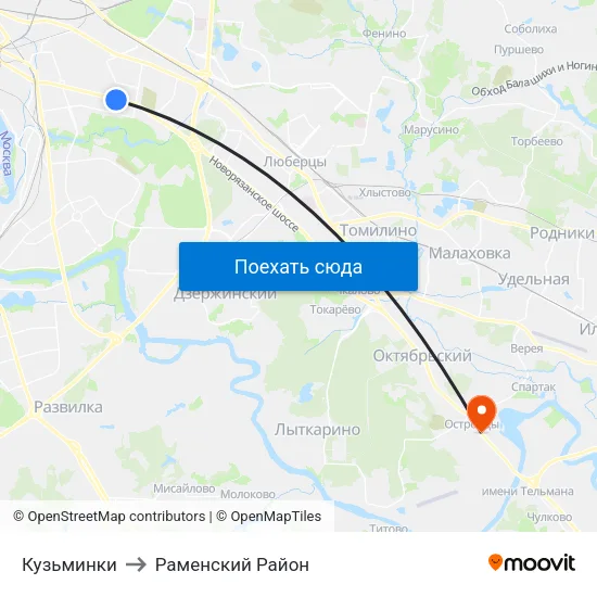 Кузьминки to Раменский Район map