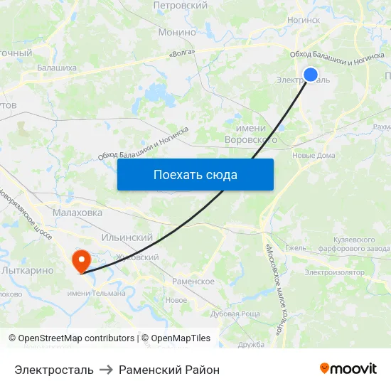 Электросталь to Раменский Район map