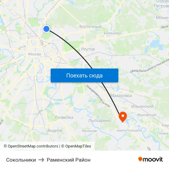 Сокольники to Раменский Район map