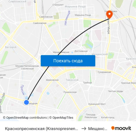 Краснопресненская (Krasnopresnenskaya) to Мещанский map