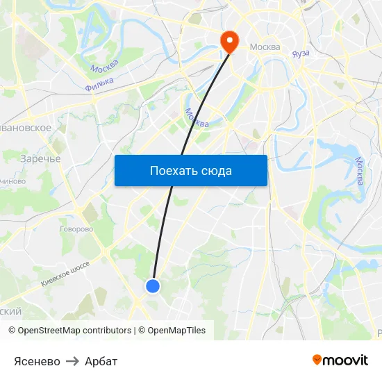 Ясенево to Арбат map