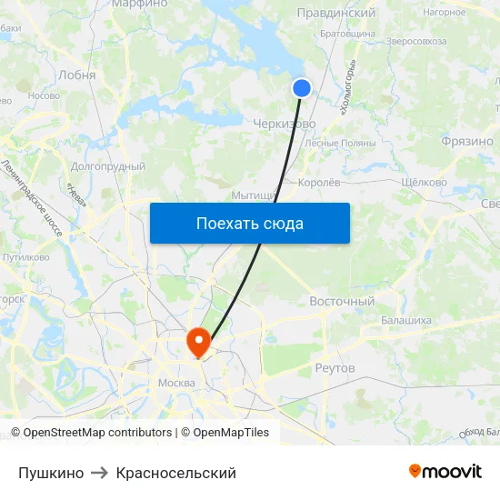 Пушкино to Красносельский map