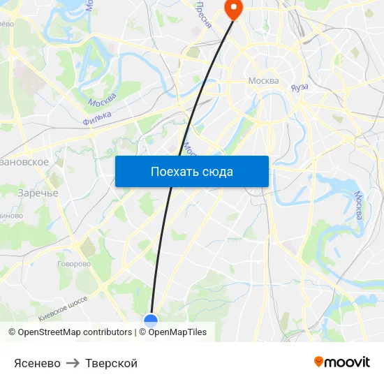 Ясенево to Тверской map