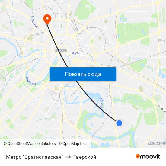 Метро "Братиславская" to Тверской map