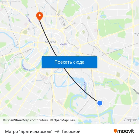 Метро "Братиславская" to Тверской map