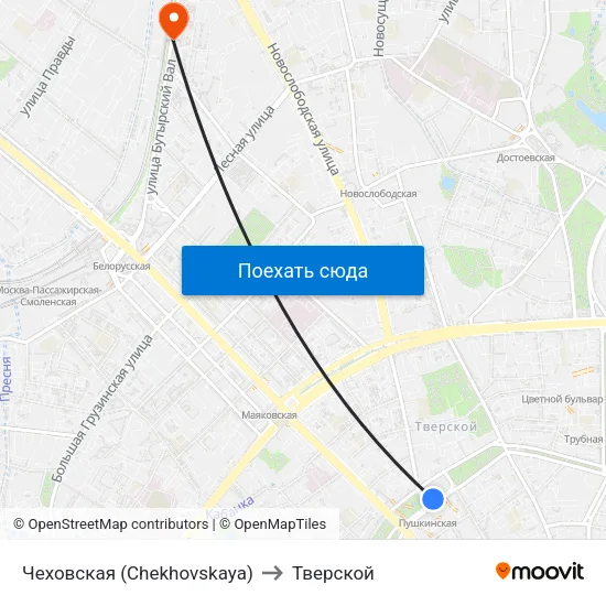 Чеховская (Chekhovskaya) to Тверской map
