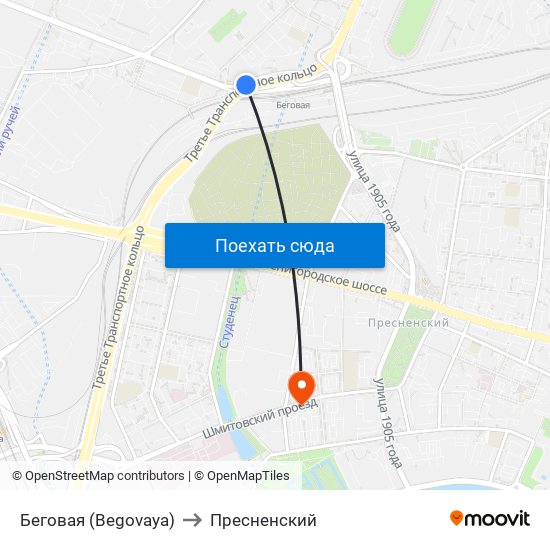 Беговая (Begovaya) to Пресненский map