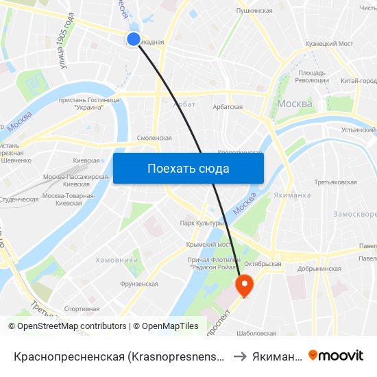 Краснопресненская (Krasnopresnenskaya) to Якиманка map