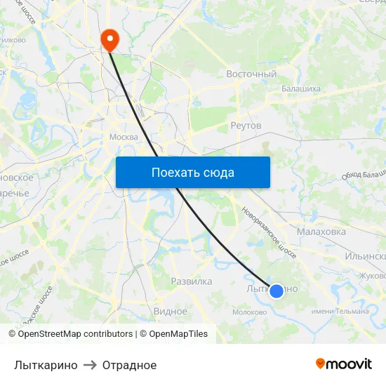 Лыткарино to Отрадное map