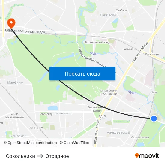 Сокольники to Отрадное map