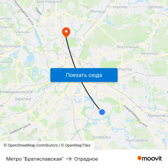 Метро "Братиславская" to Отрадное map