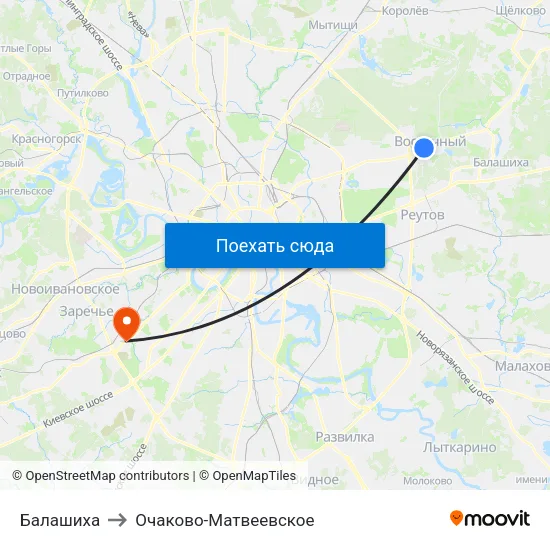 Балашиха to Очаково-Матвеевское map