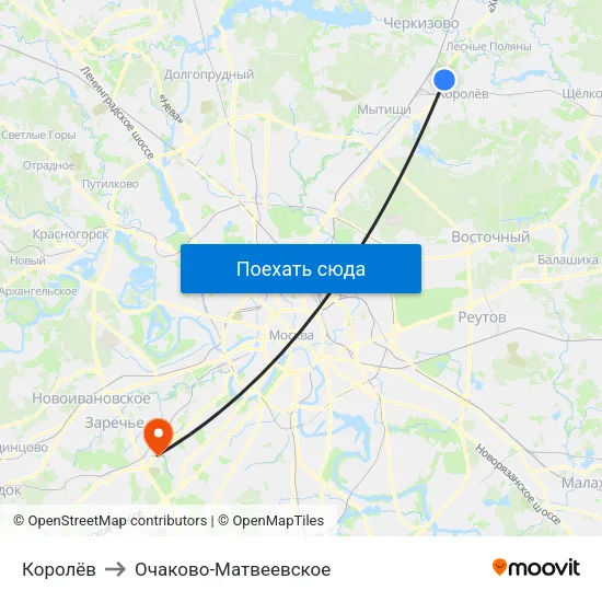 Королёв to Очаково-Матвеевское map