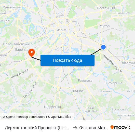 Лермонтовский Проспект (Lermontovsky Prospekt) to Очаково-Матвеевское map