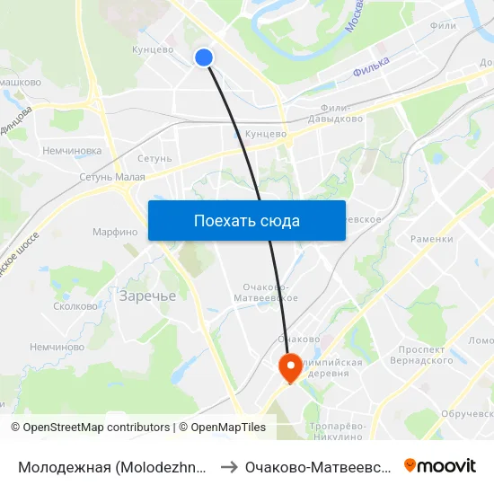 Молодежная (Molodezhnaya) to Очаково-Матвеевское map