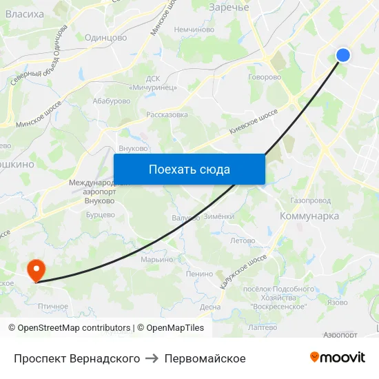Проспект Вернадского to Первомайское map