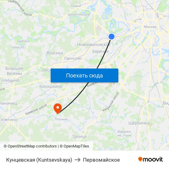 Кунцевская (Kuntsevskaya) to Первомайское map